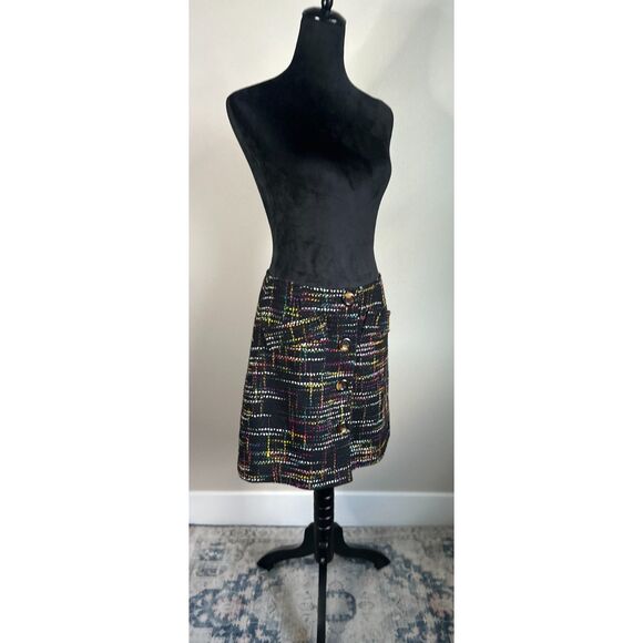 NWOT TRINA TURK Women's Black A-Line Mini Tweed Wool Button Front Skirt Size 10 - Picture 2 of 8
